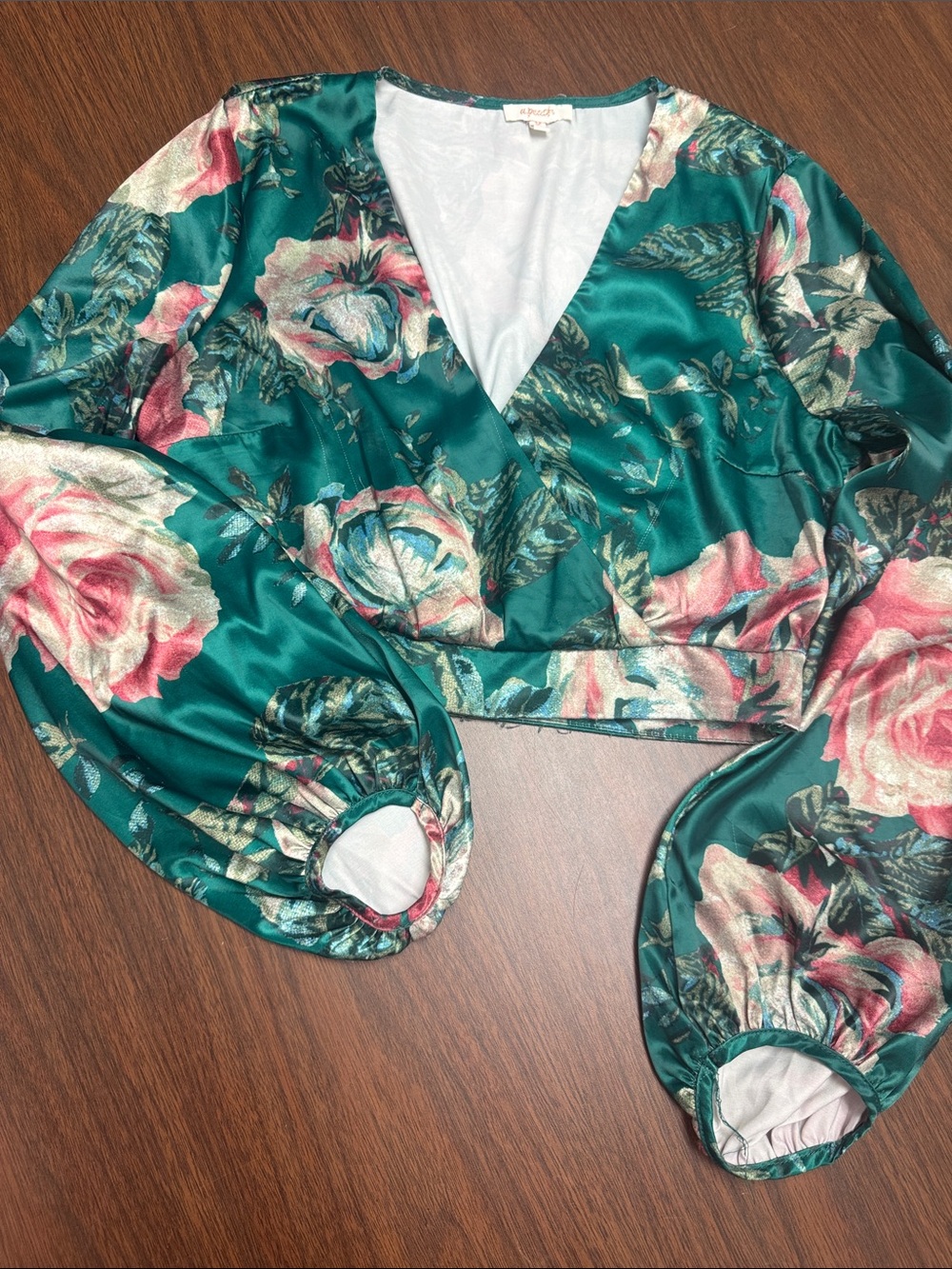 Teal Floral Satin Wrap Crop Top with Puff Sleeves